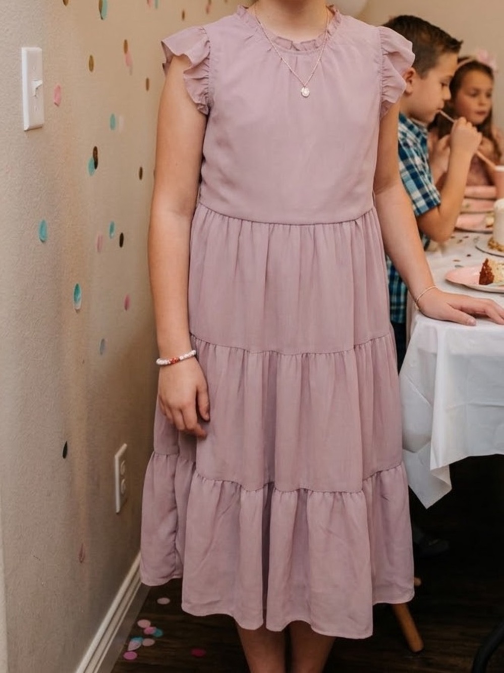 Girls' Tiered Ruffle Sleeve Dress in Mauve Pink